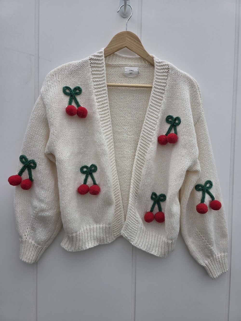 Luna Ivy Cherry Pom Pom Open Front Knit Cardigan Fruit Sweater Cream XS